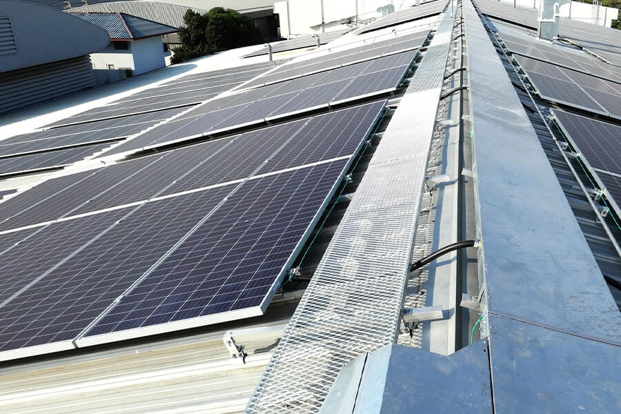 Solar Panels on a Industrial Roof near a Marina